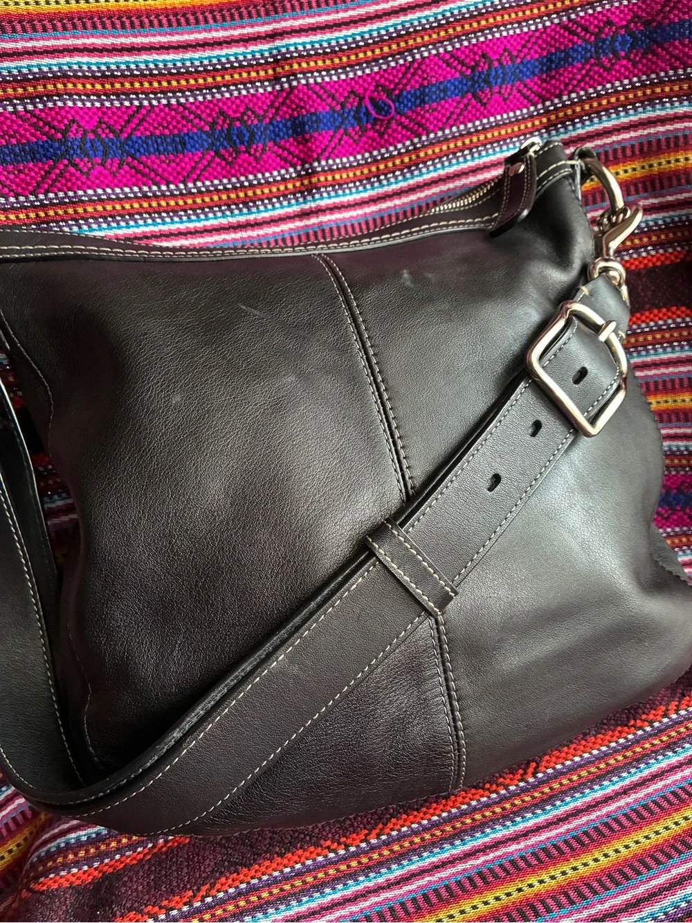 Coach Black Leather Crossbody with Silver Ring Detail